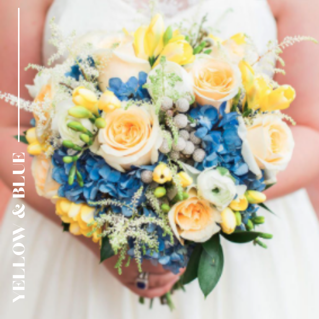 Yellow Wedding bouquet with blue hydrangea